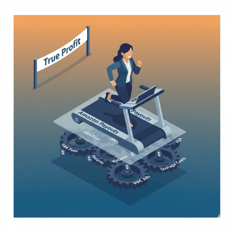 Amazon arbitrage seller on treadmill labeled Payouts while hidden fees and costs quietly reduce profit
