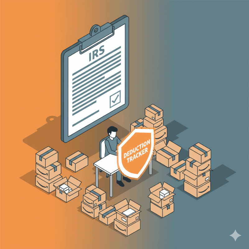 Amazon arbitrage seller shields profits from IRS clipboard using a glowing Deduction Tracker.