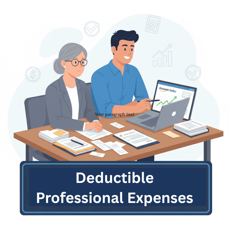 Amazon seller and accountant working together on receipts and laptop, showing deductible professional services for tax help (1)