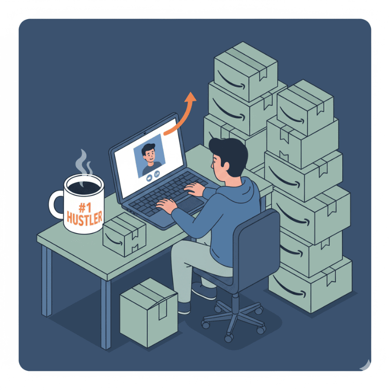Amazon seller in sweatpants on a call surrounded by boxes.