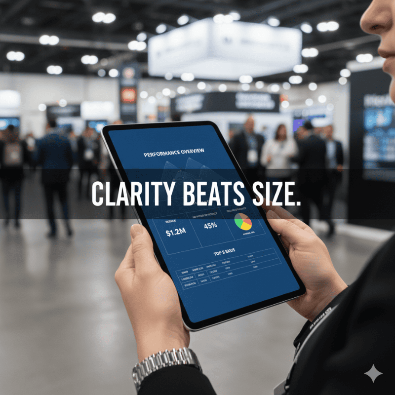 Amazon seller showing clean one-page financial dashboard at trade show