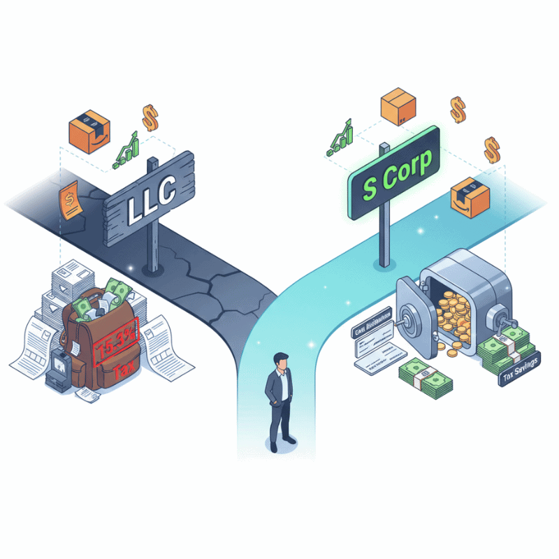 Amazon seller stands at a crossroads choosing between LLC and S Corp paths.