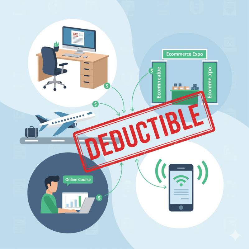 Collage showing home office, airplane, trade show booth, laptop, and smartphone with deductible stamp for Amazon seller tax deductions