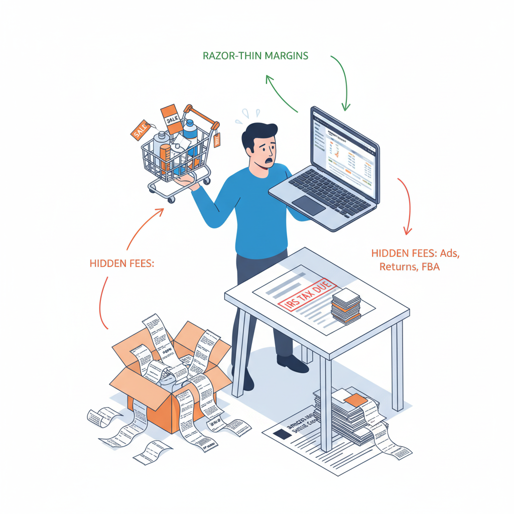 Amazon arbitrage seller juggling payouts, receipts, and accounting tools.
