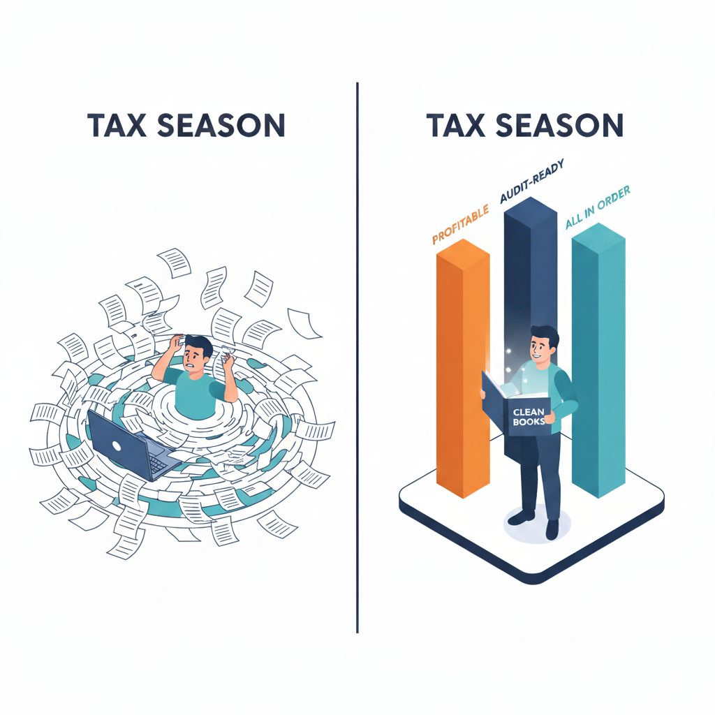 Seller drowning in spreadsheets vs. seller confident with clean accounting.