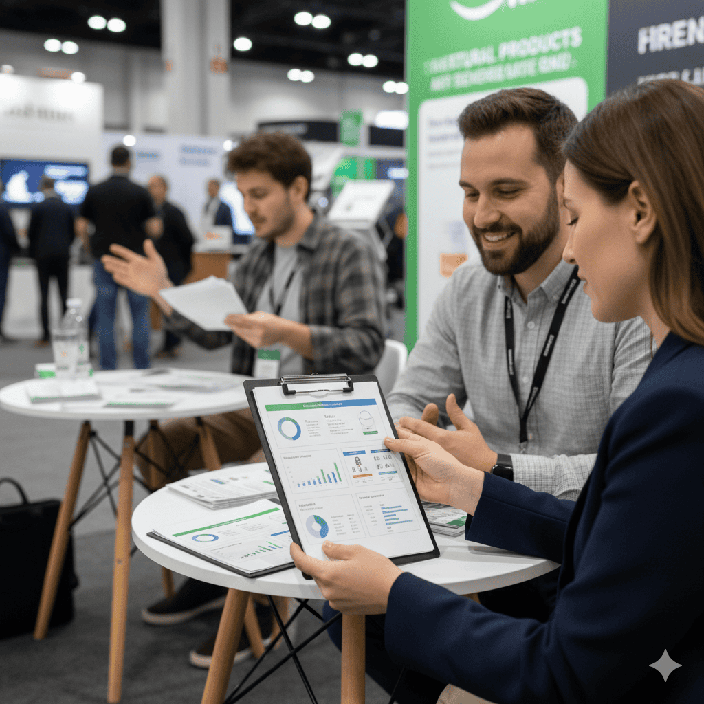 Amazon reseller presenting brand audit report to natural products company at trade show