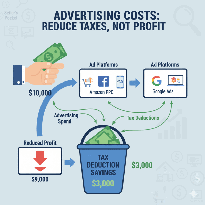 Infographic showing Amazon seller ad expenses like PPC and social media ads flowing into tax deduction savings