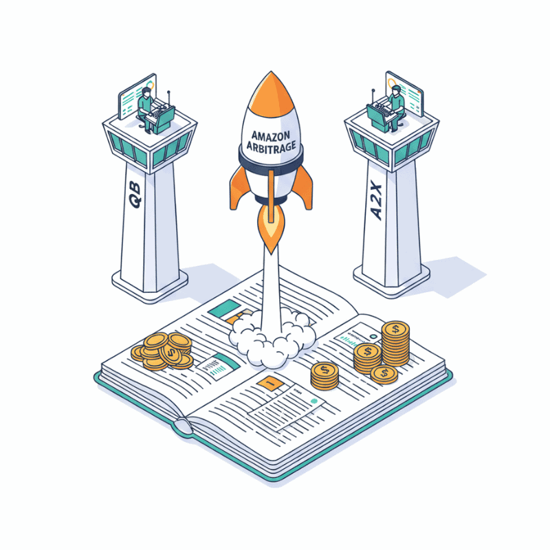 Rocket labeled Amazon Arbitrage launching from bookkeeping ledger with QuickBooks and A2X control towers