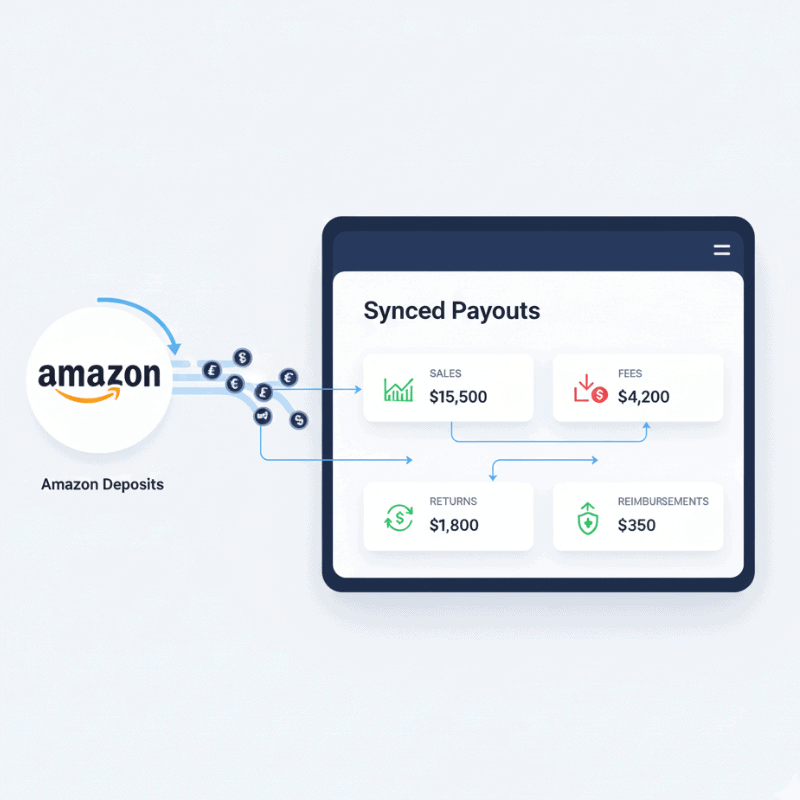 Amazon bookkeeping software syncing payouts and breaking down sales, fees, and returns