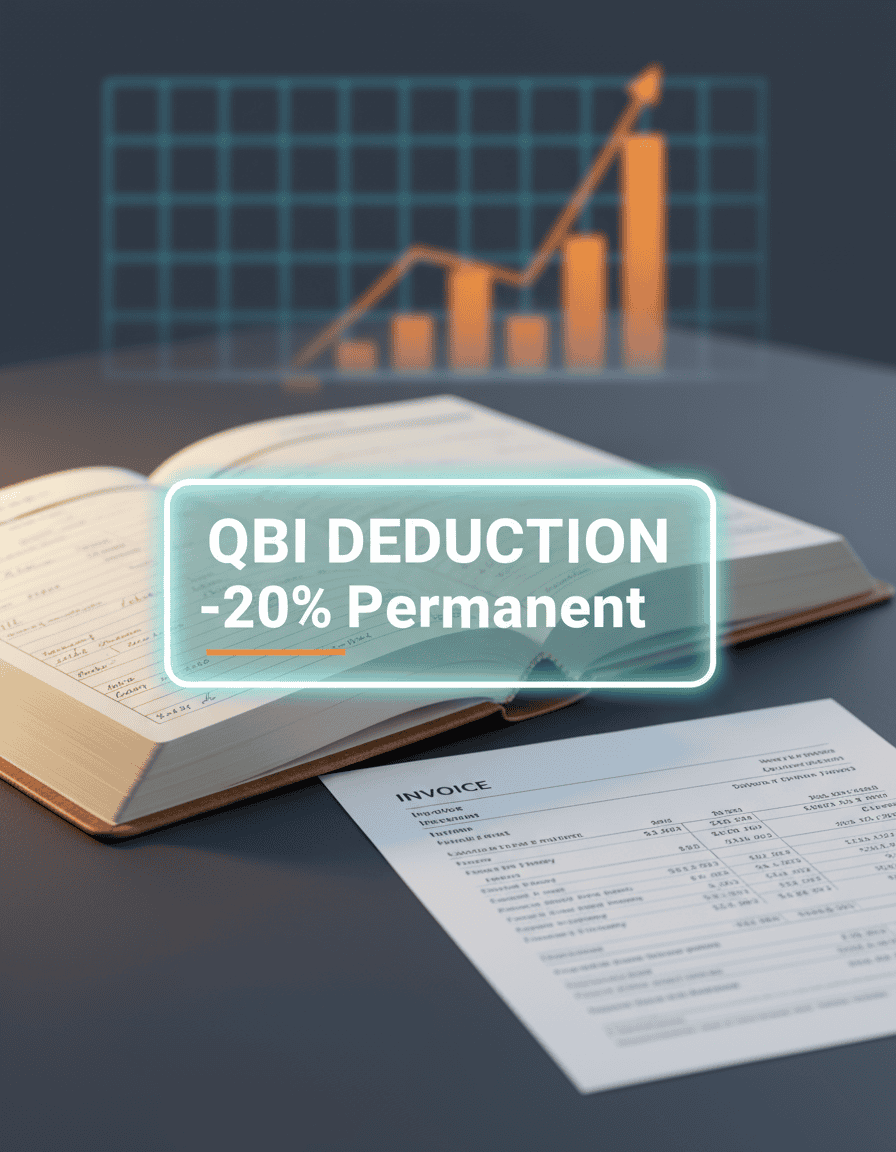 Ledger and invoice with a ‘QBI deduction –20% (Permanent)’ label.