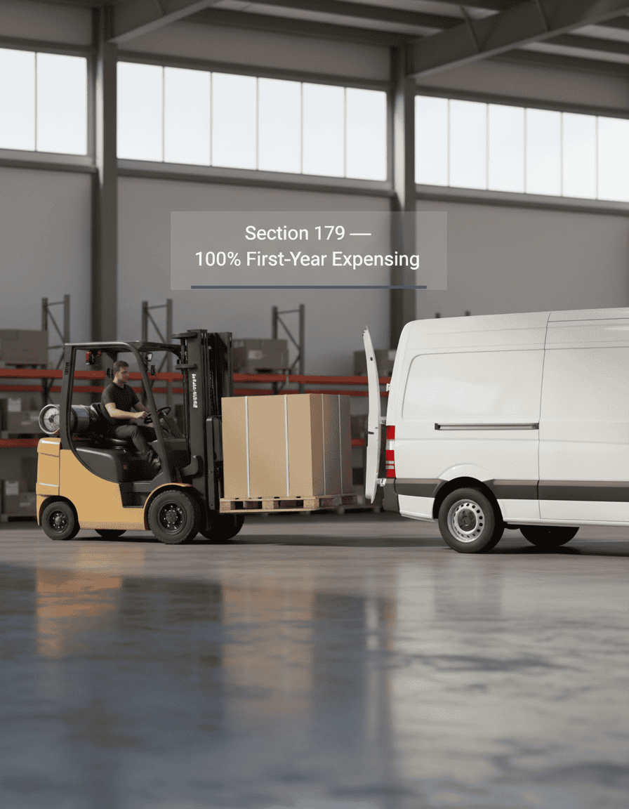 Forklift and cargo van with a ‘Section 179 — 100% expensing’ label.