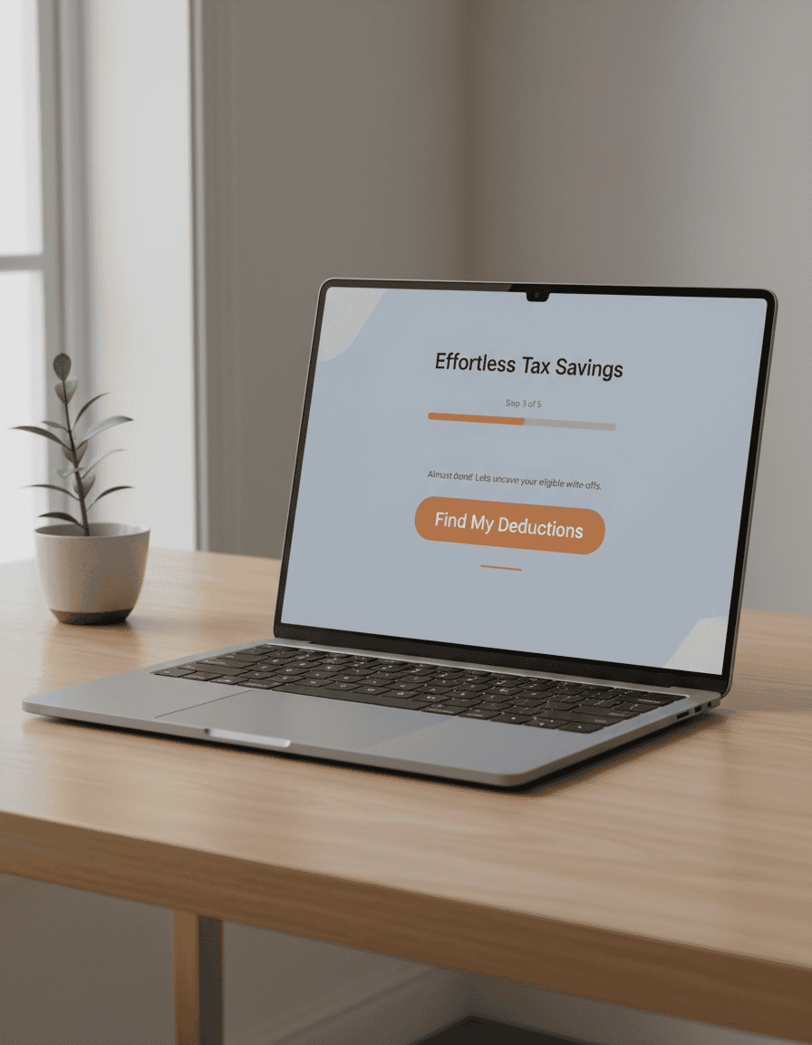 Laptop showing a simple survey with a ‘Find My Deductions’ button.”