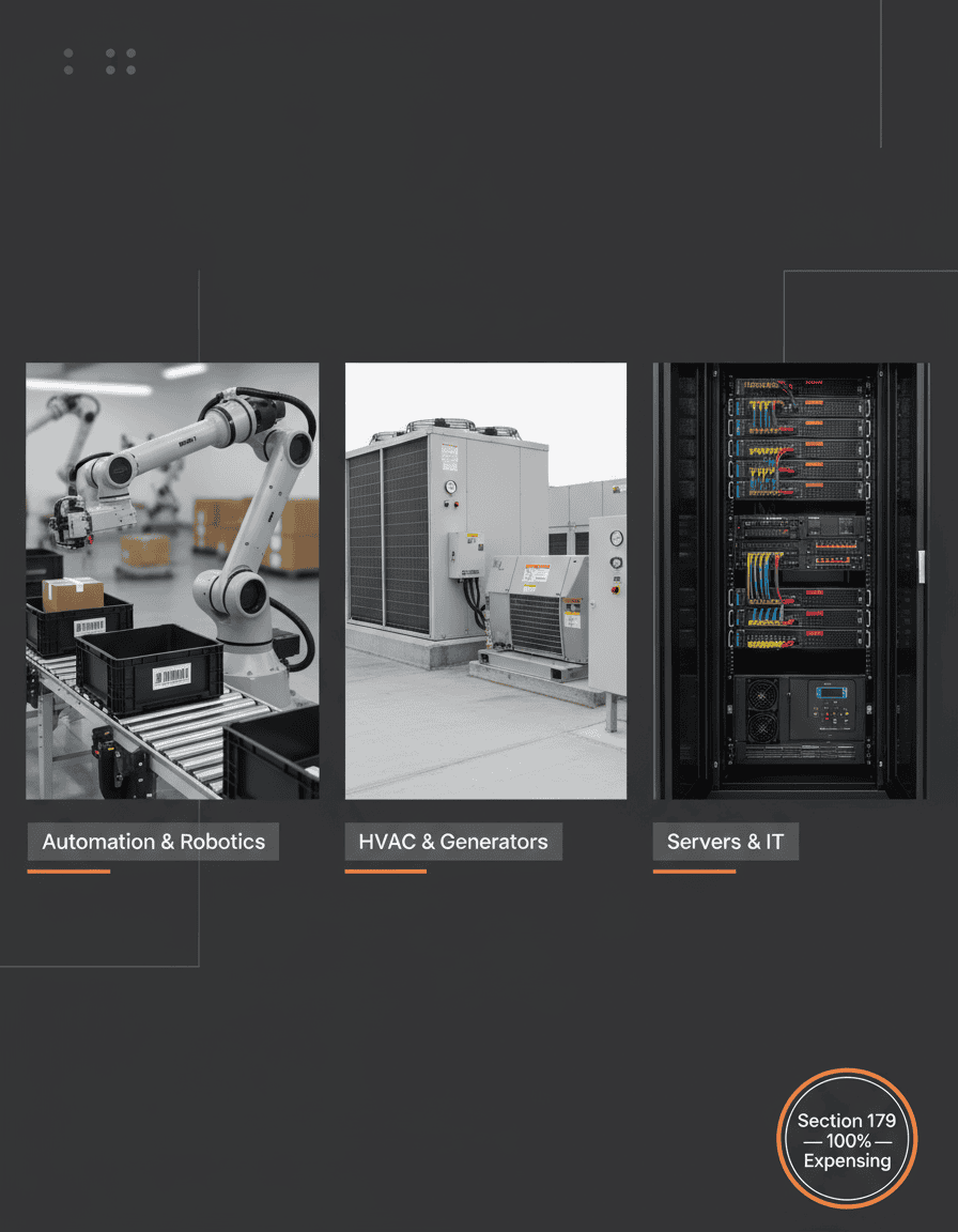 Robotic arm on conveyor, rooftop HVAC with generator, and server rack with UPS, labeled and styled for a tax expensing theme.