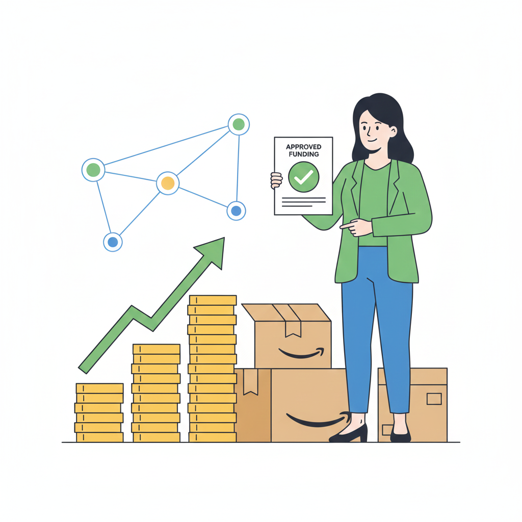 Successful Amazon FBA seller celebrating approved business funding with growing revenue chart, multiple lender relationships, and thriving e-commerce business operations