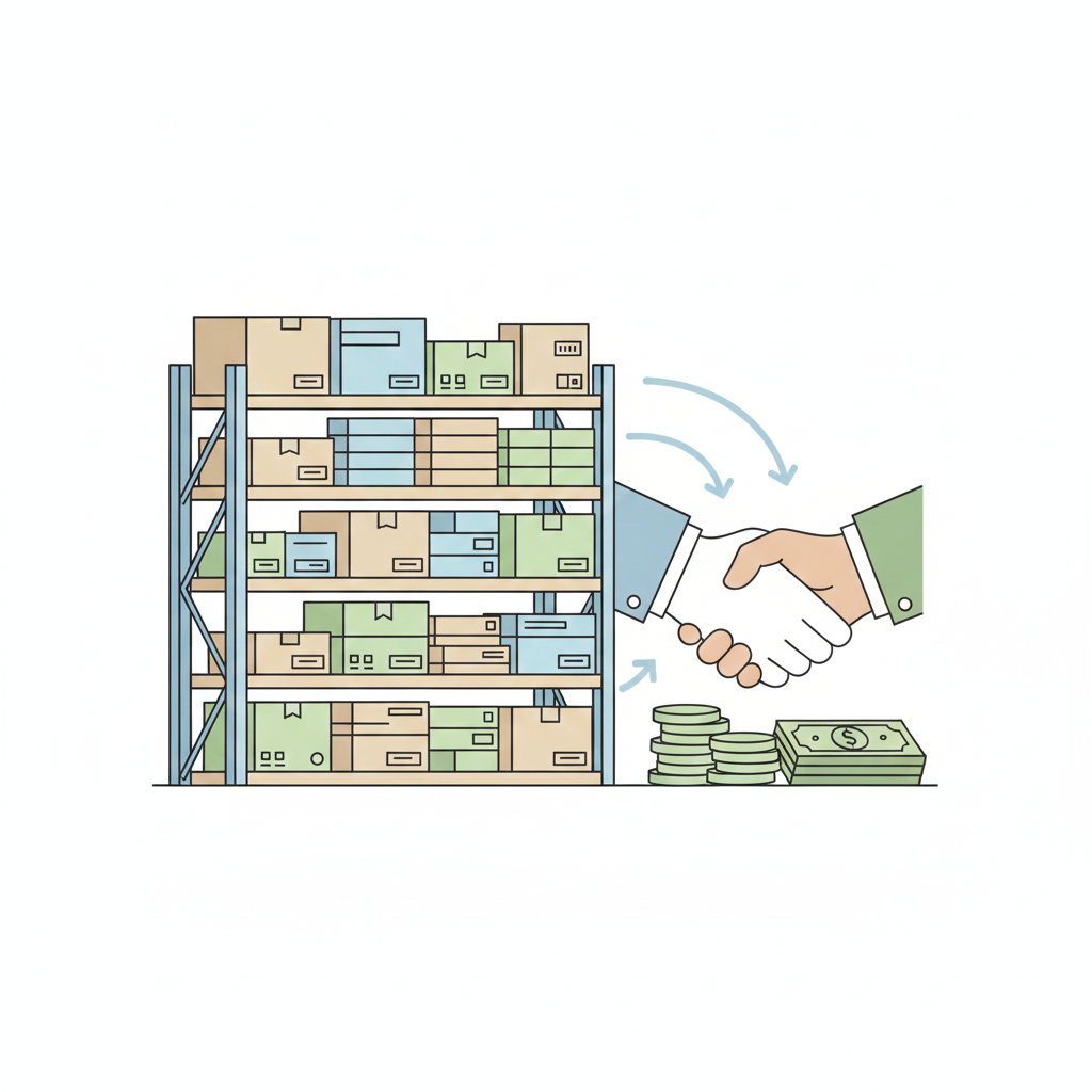 Inventory financing diagram with warehouse products serving as collateral for e-commerce business loan
